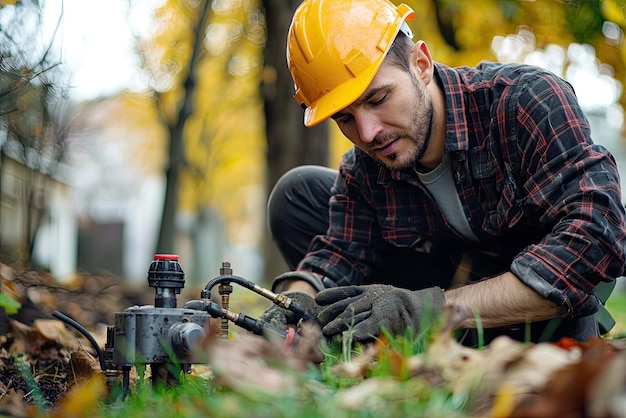 Photo a maintenance worker is focused on repairing broken sprinkler system in lush autumn setting vibrant leaves create beautiful backdrop as he diligently works