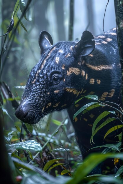 Photo majestic adult tapir emerging from misty tropical rainforest undergrowth