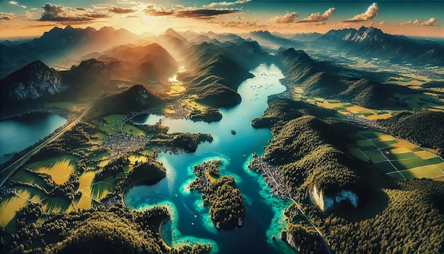 Majestic Aerial View of a Serene Lake and Mountain Landscape