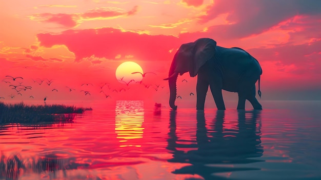 Majestic African elephant silhouetted against a vibrant fiery sunset its reflection rippling across the calm waters of a remote lakeside landscape The tranquil