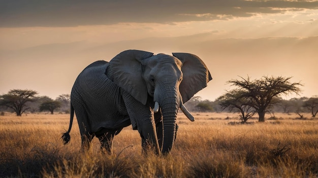 Majestic African elephant walking through the savannah at sunset with other elephants