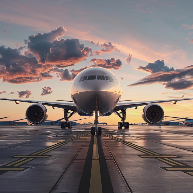 Majestic airplane on tarmac at sunset