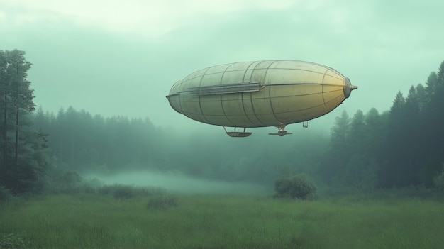 Photo a majestic airship floating gracefully through the clouds at sunrise with soft light illuminating the landscape below