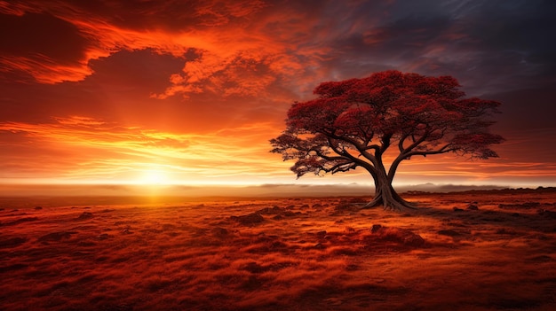 Majestic and alone an old tree graces an autumn field with a madly epic look at sunset