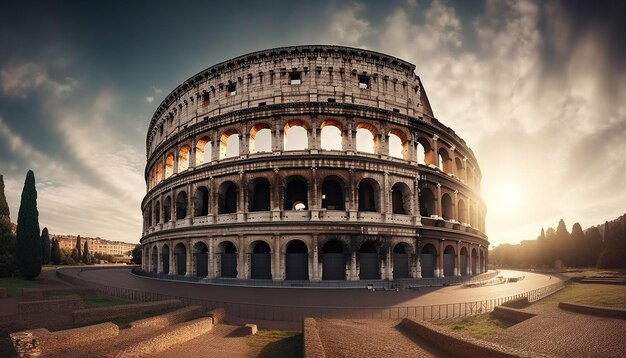 Majestic ancient ruins illuminated at dusk Rome generated by AI