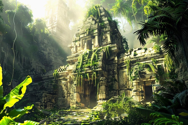 Majestic ancient ruins in jungle background Ancient ruins and majestic architecture