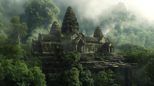 majestic ancient temple nestled among lush jungle foliage