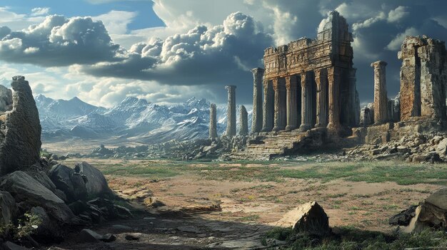 Photo a majestic ancient temple stands amidst a desolate landscape with towering mountains in the ba