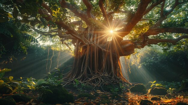 Majestic ancient tree with sunlight streaming through its branches