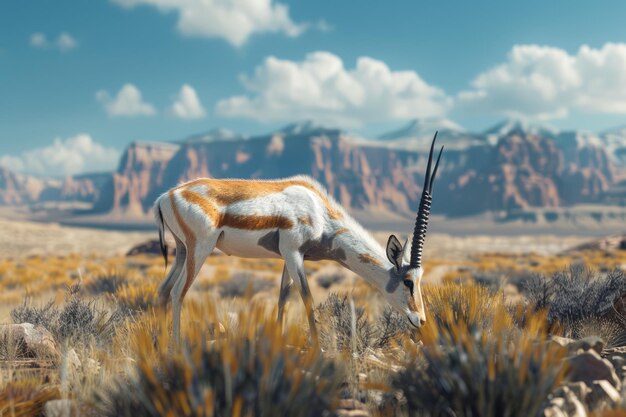 Majestic Antelope Grazing in a Vast Picturesque Desert Landscape with Vivid Blue Skies and Rocky