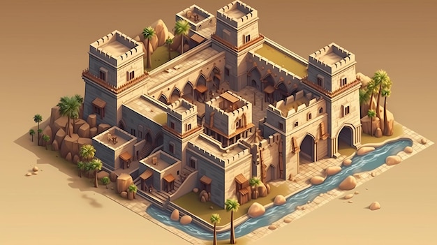 A majestic Arabian fortress Isometric style digital art illustration