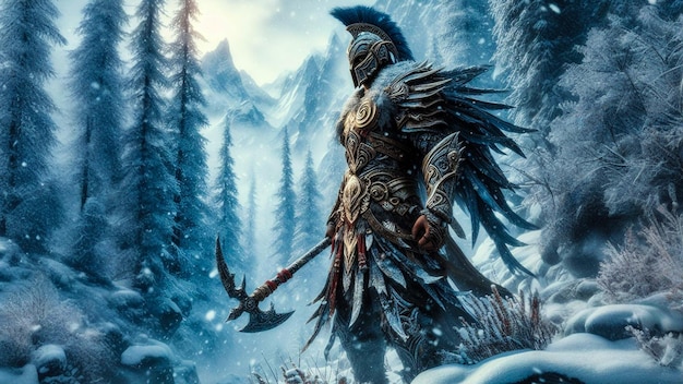 Majestic Armored Knight Snowstorm Enchanted Halberd Mountain Wilderness