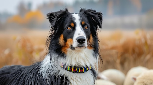 Majestic Australian Shepherd Dog with Vibrant Beaded Collar Posing in Autumn Countryside Field