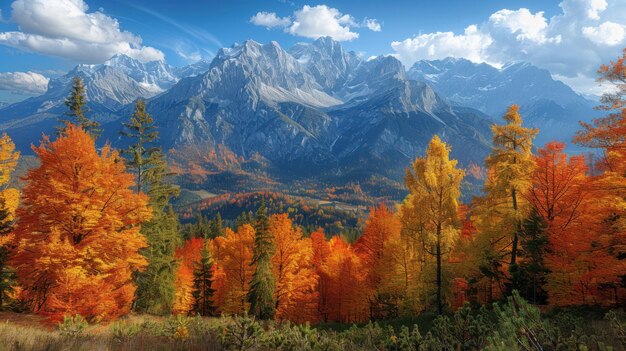 Majestic Autumn Mountain Range Photography with Vibrant Fall Colors and Clear Blue Sky