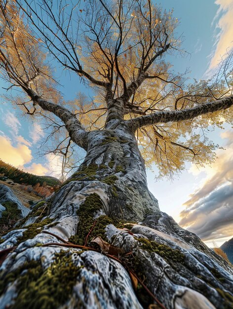 Majestic Autumn Tree with Golden Leaves Against Blue Sky Nature Growth Perspective