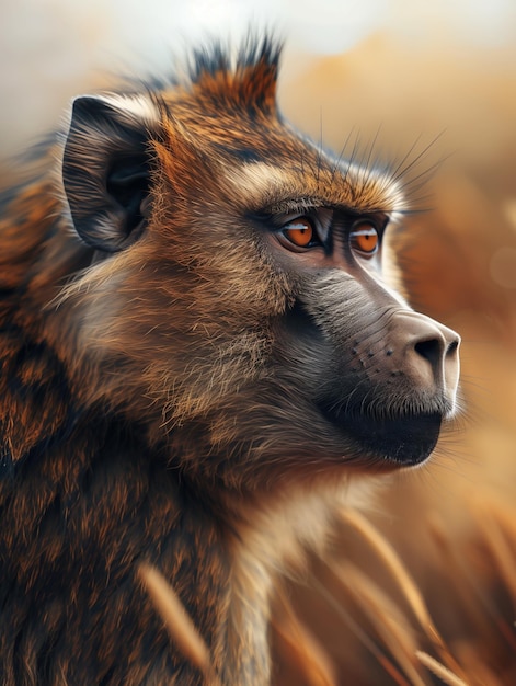 Majestic baboon close up with warm tones in African savanna setting