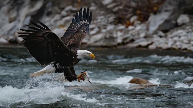 Photo majestic bald eagle catching fish in a river