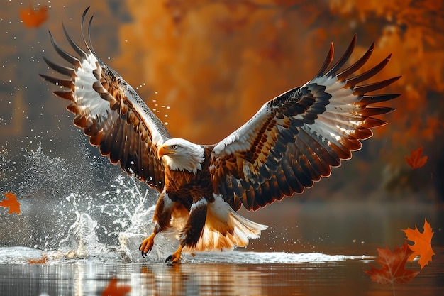 Majestic bald eagle landing over water with autumn leaves