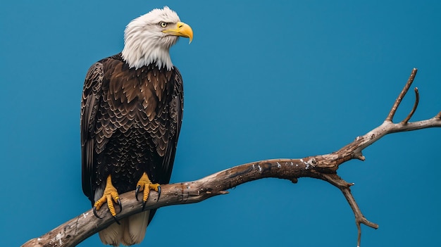 A majestic bald eagle perched on a branch its piercing gaze fixed ahead against a serene blue background highlighting its powerful beak and white head feathers