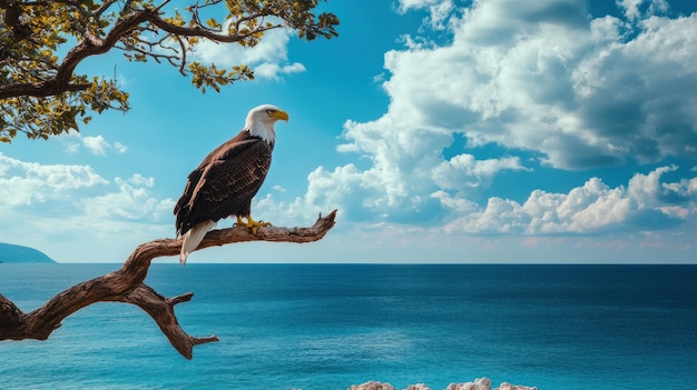 Majestic Bald Eagle Perched on a Branch Overlooking the Ocean