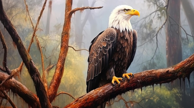 The majestic bald eagle perches on a tree branch with a blurred background