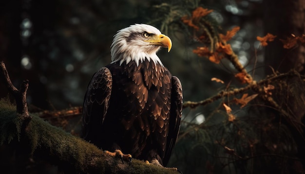 Majestic bald eagle perching on tree branch generated by AI