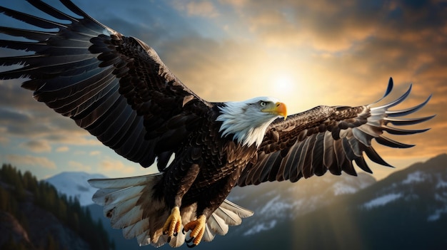 A majestic bald eagle soared high in the sky with wings spread wide beneath the wilderness