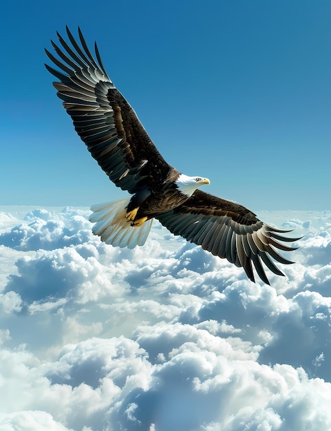 A majestic bald eagle soaring above the clouds with blue sky in the background