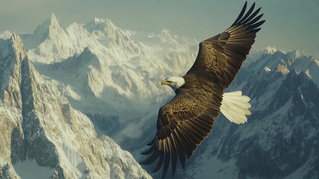 A Majestic Bald Eagle Soaring High Above Vast Wilderness Landscapes for Nature Lovers