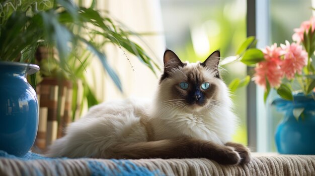 Majestic Balinese Cat on Sunlit Windowsill in Elegant Room