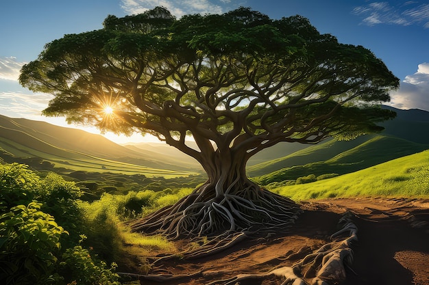 Majestic Banyan Tree Hills Fields Captured in Afternoon Light Gentle Breeze Generative AI