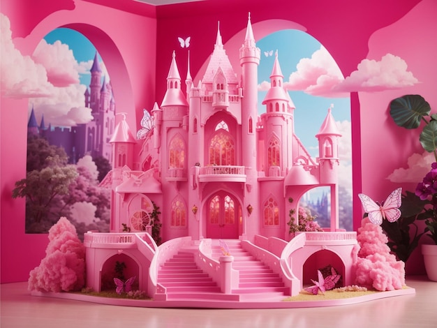 Photo a majestic barbie castle in a vibrant pink hue with a light pink cloud in the background