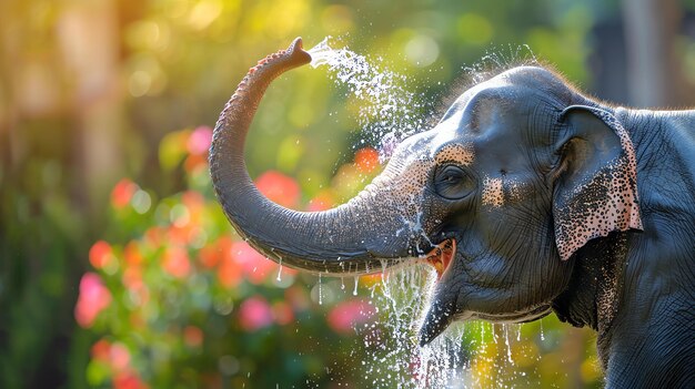 The majestic beauty of an elephant graces this stunning photograph captured in a moment of pure bliss as it sprays water from its trunk