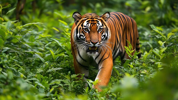 Photo majestic bengal tiger in its natural habitat captured midroar in a dense jungle setting the tigers powerful muscles and vibrant orange and black stripes stand out against the lush green foliage