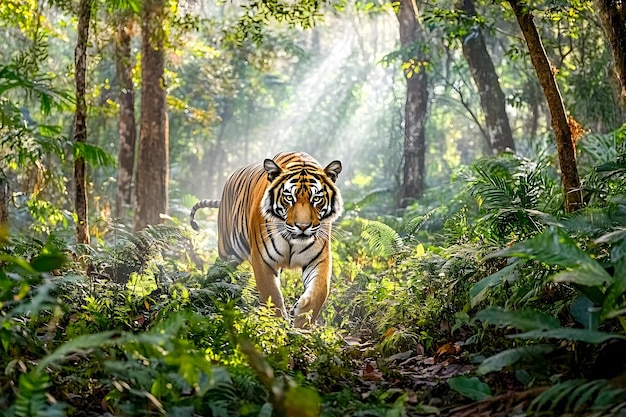 A majestic Bengal tiger prowls through lush greenery in a vibrant habitat showcasing its striking f