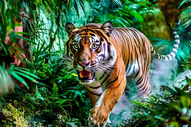 A majestic Bengal tiger prowls through lush greenery in a vibrant habitat showcasing its striking f