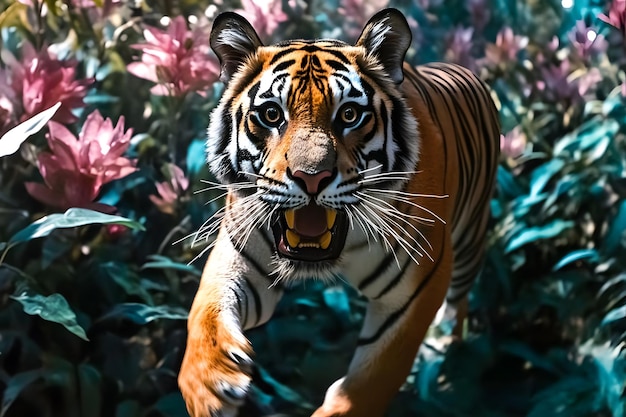 A majestic Bengal tiger prowls through lush greenery in a vibrant habitat showcasing its striking f