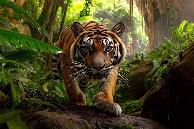 A majestic Bengal tiger prowls through lush greenery in a vibrant habitat showcasing its striking f