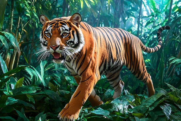 A majestic Bengal tiger prowls through lush greenery in a vibrant habitat showcasing its striking f