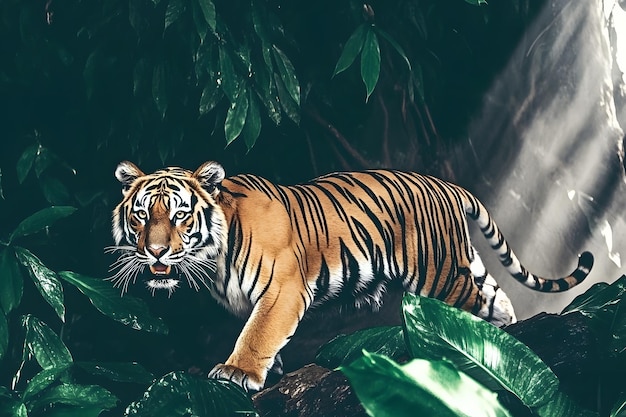 A majestic Bengal tiger prowls through lush greenery in a vibrant habitat showcasing its striking f