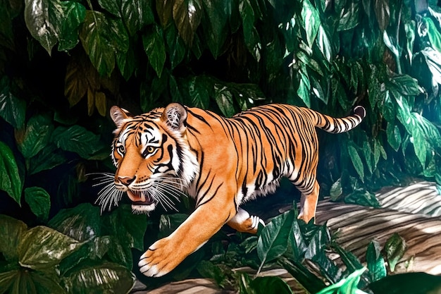 A majestic Bengal tiger prowls through lush greenery in a vibrant habitat showcasing its striking f