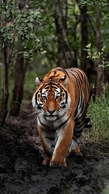 Majestic bengal tiger staring walking in forest generated by