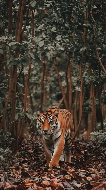 Majestic bengal tiger staring walking in forest generated by