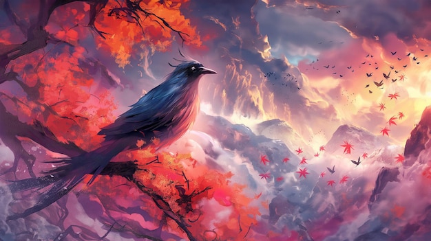 Majestic Bird Overlooking a Mystical Autumn Mountain Generative AI