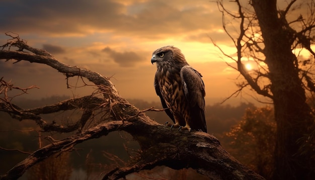 Majestic bird perching on branch watching tranquil sunset in nature generated by artificial intelligence