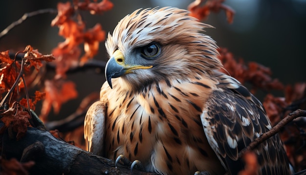 Majestic bird of prey perching on branch looking at camera generated by artificial intelligence