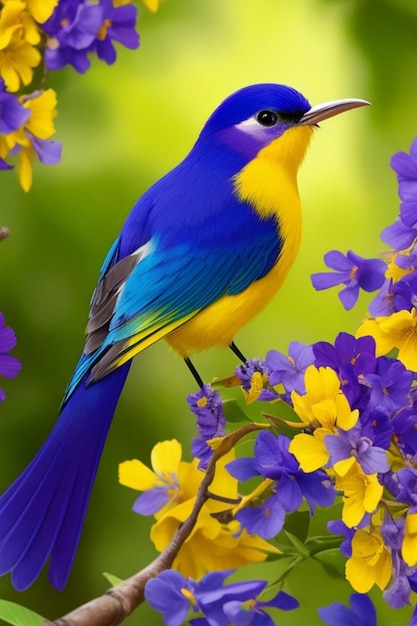 A majestic bird with a sunkissed yellow head and azure blue eyes perched atop a vibrant branch of d