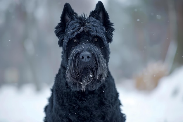 Majestic Black Dog with Attentive Gaze in Snowy Winter Scene Portrait of a Fluffy Canine in a Cold