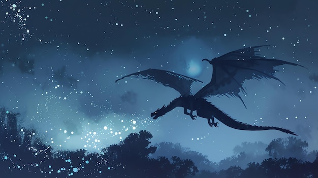 A majestic black dragon soars through a starry night sky its wings outstretched and its tail trailing behind it