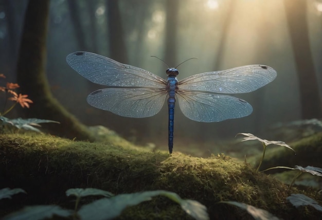 Majestic Blue Dragonfly Perched on Mossy Log in Sunlit Forest